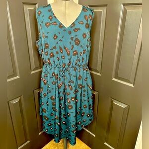 SHEIN Teal/Turquoise Animal Print Sleeveless Dress with Drawstrings